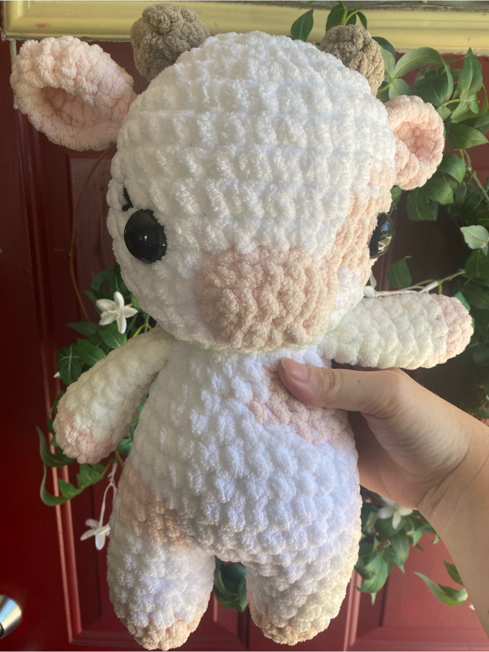 Plush CrochetedCow Stuffed Animal - White & Blush